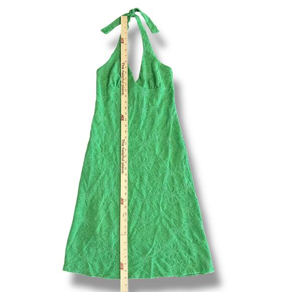 Y2K Vintage Glam Green Embroidered Floral Halter Dress Made in USA Size M - Picture 5 of 9